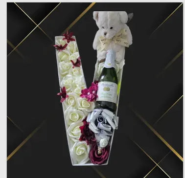 Luxury Rose Gift Box with Teddy Bear & Sparkling Cider